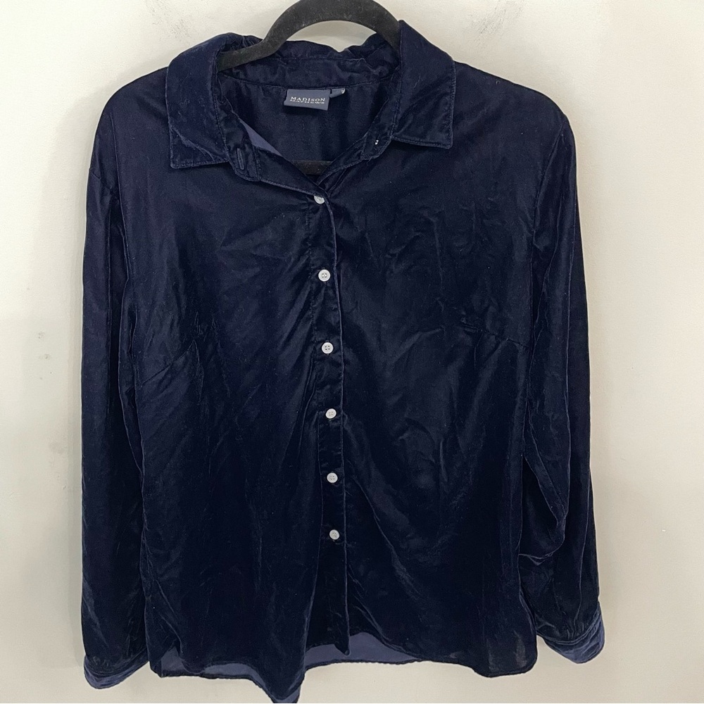 Madison Mathews Navy Velvet Button Up Shirt Size XL Women’s